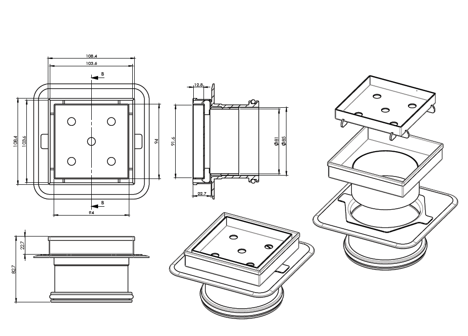 Grate 316 Stainless Steel TILE INSERT 50/80/100mm Square with Mega Flange