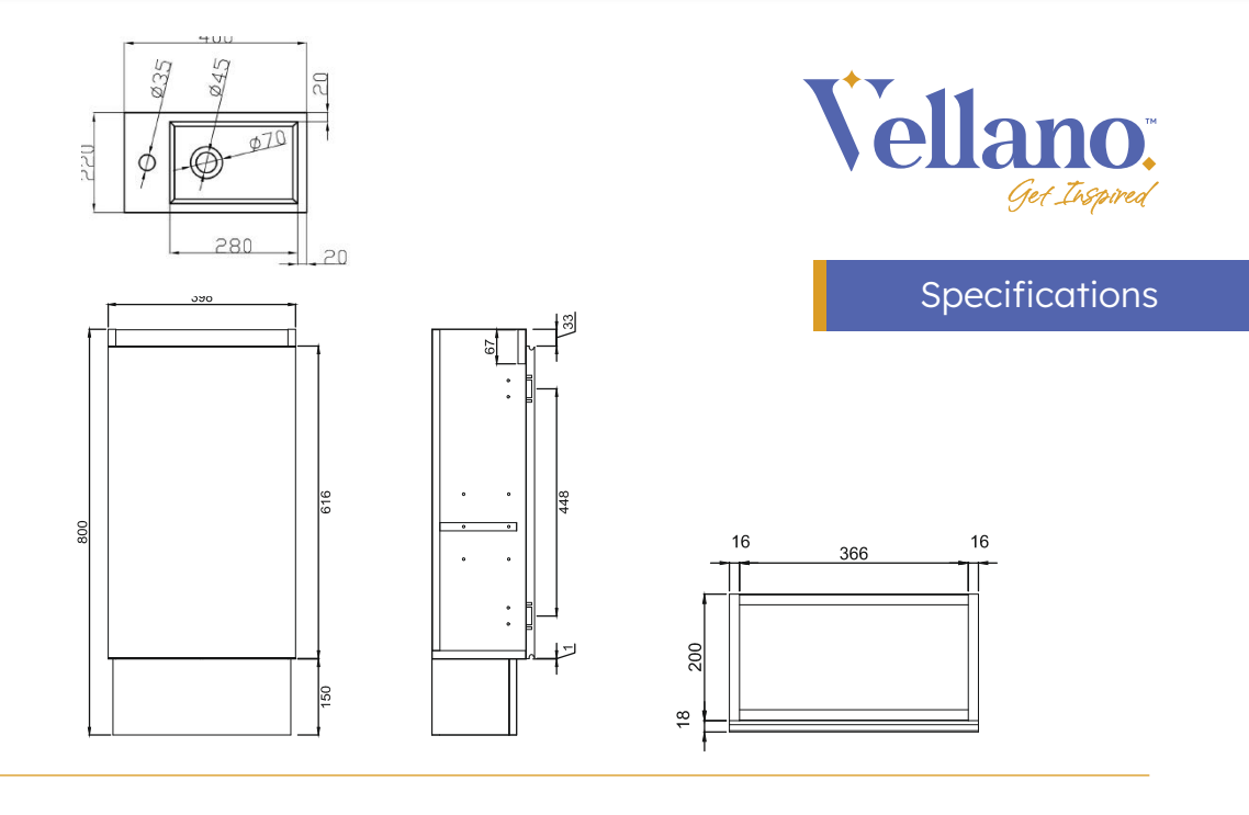 Tiro 400 x 220 White Gloss Vanity, Wall Hung or Kickboard, Poly Cast Top
