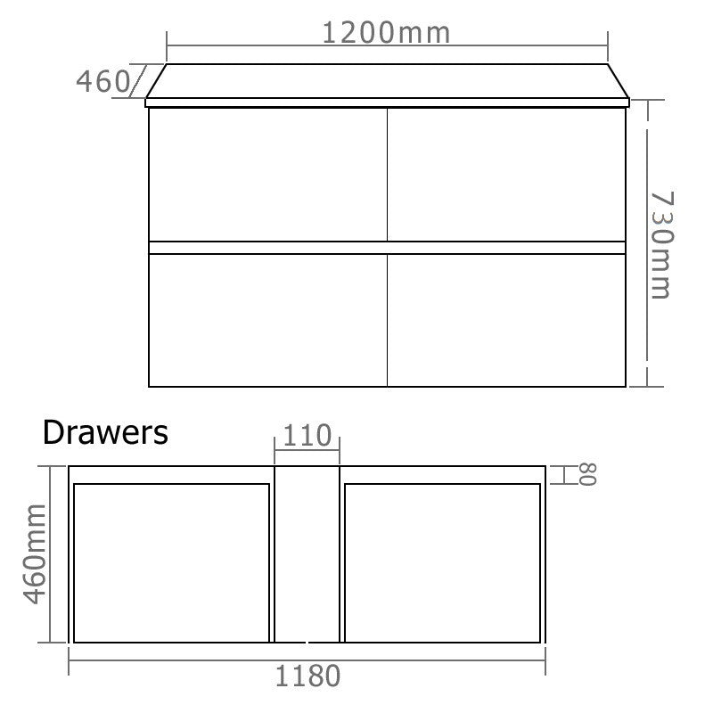 1200 ALL DRAWER WALL HUNG Vanity, Single Ceramic Top