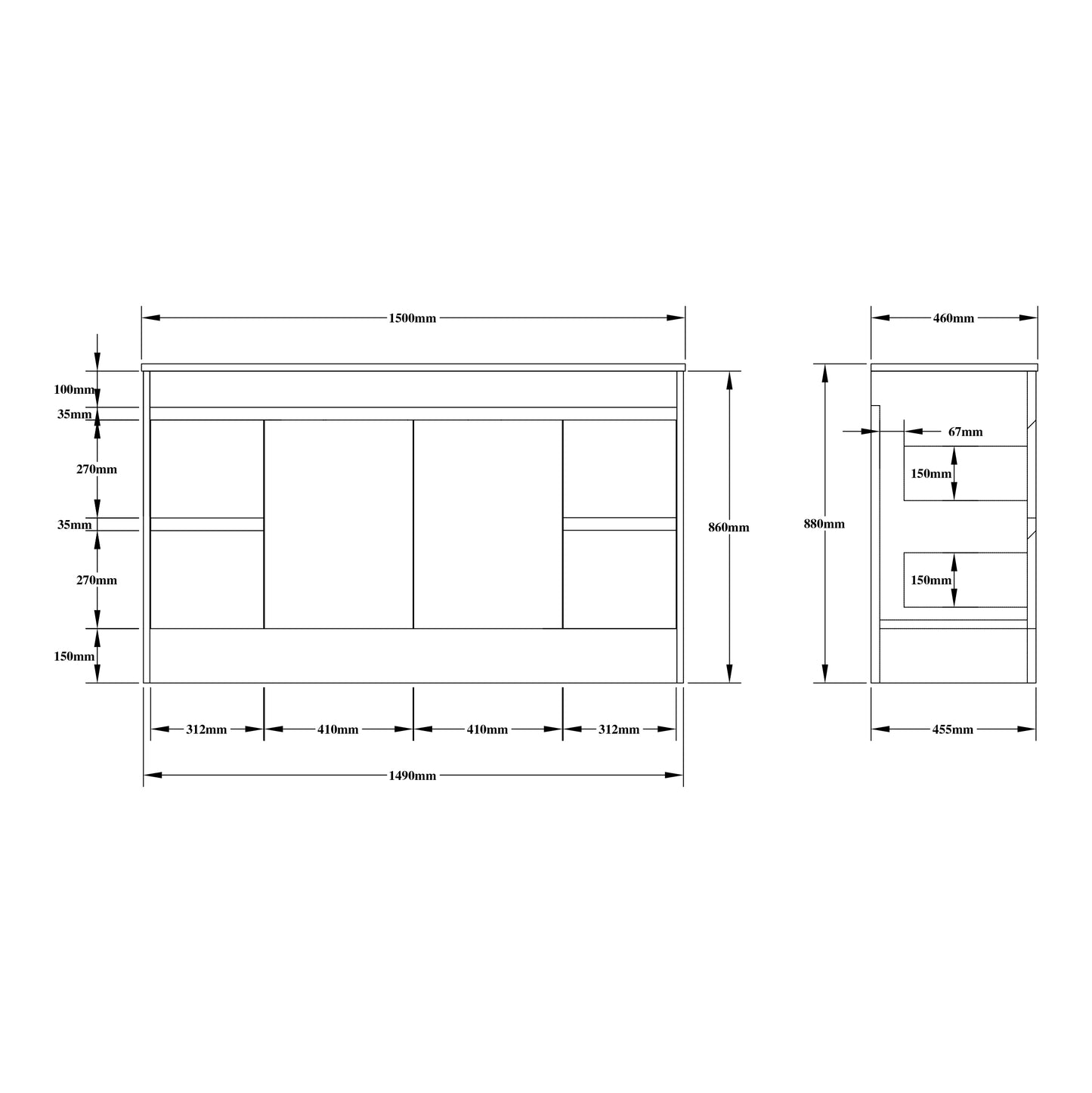 MODE 1500 PVC Waterproof Vanity, White Gloss, Slimline Single Ceramic top