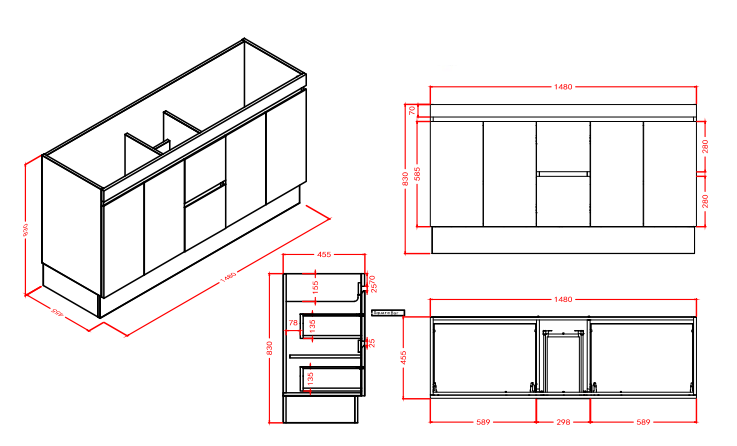 VELLA Finger Pull Vanity, Double Bowl Slimline Ceramic Top