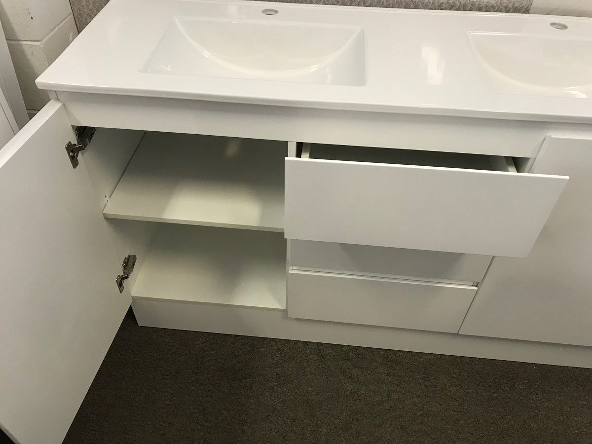 ADP GLACIER Kickboard Vanity, Double Bowl White Cast Marble Top