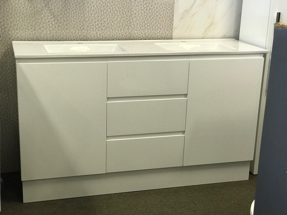 ADP GLACIER Kickboard Vanity, Double Bowl White Cast Marble Top