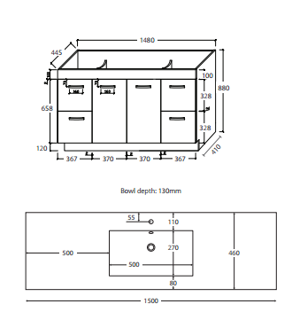 Quadra 1500 Kickboard Vanity, Single Bowl White Cast Marble Slim Top