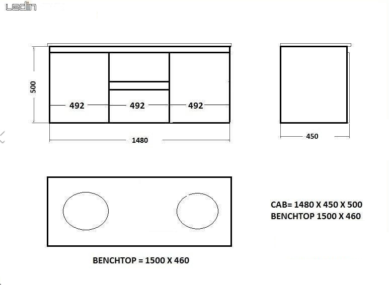 CLARA 1500 WALL HUNG Double Vanity, Counter/Inset Basins, Stone Top
