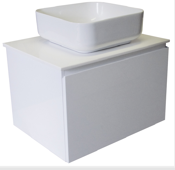 600 SINGLE DRAWER WALL HUNG Vanity, Solid Surface Top, Counter Basin