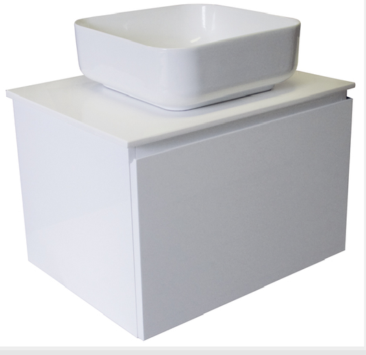 600 SINGLE DRAWER WALL HUNG Vanity, Solid Surface Top, Counter Basin