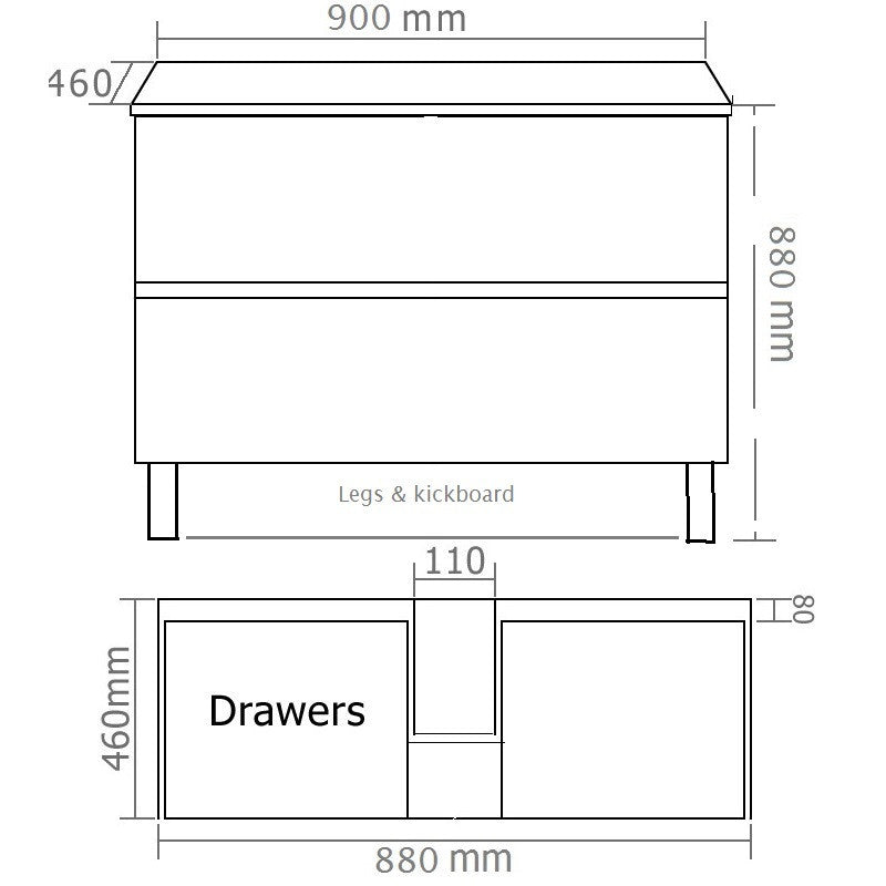 900 ALL DRAWER Vanity, Legs/Kickboard, Slimline Ceramic Top
