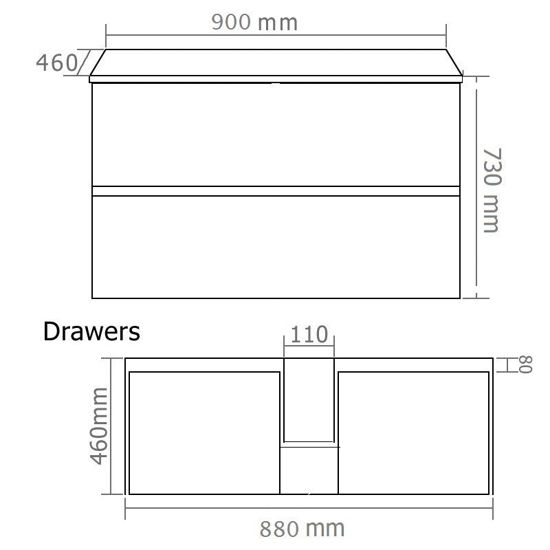 900 ALL DRAWER Vanity, Wall hung, Single Ceramic Top