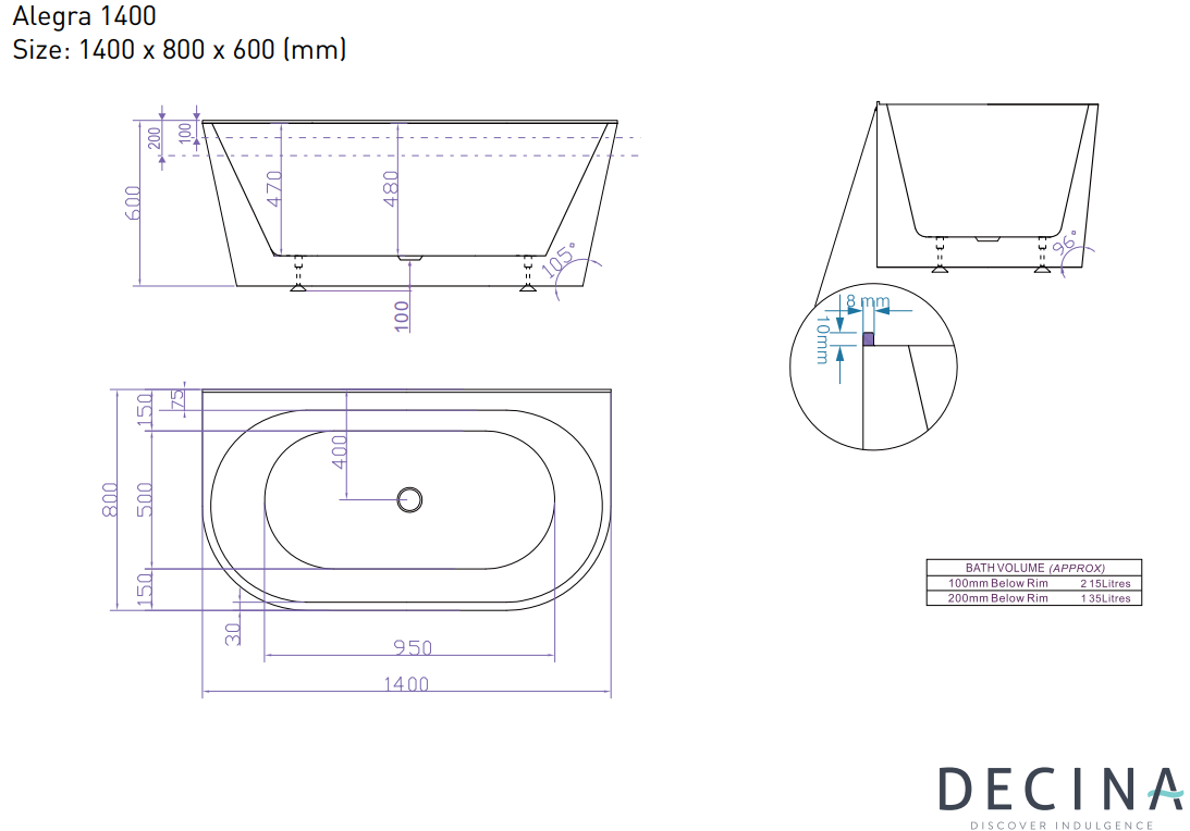 ALEGRA 1400 Back-to-Wall Freestanding Bath -WHITE