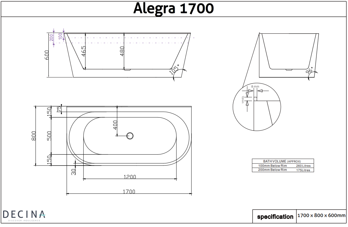 ALEGRA 1700 Back-to-Wall Freestanding Bath -WHITE