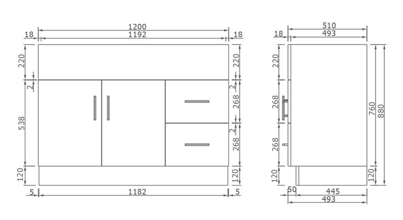 Kitchenette Gloss 1200 x 510mm, Double Sink Top 1TH & Drainer