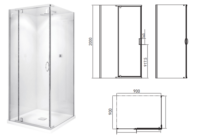 Semi-frameless CASCADE Shower Screen 840 x 840x 2000H mm Square