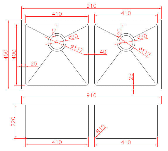Double Bowl Square Undermount 910mm Stainless Steel