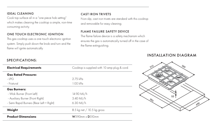 EURO E60CTWX – 60cm Gas Slimline Cooktop