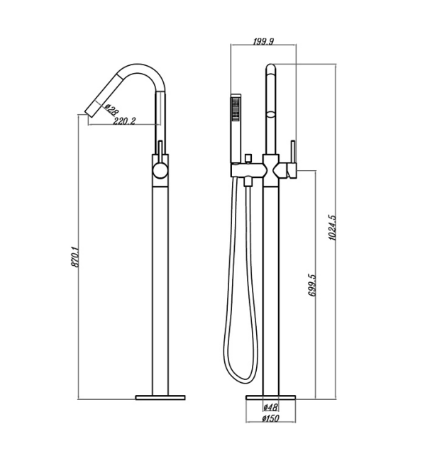 Chasa Floor Mounted Combo Bath Mixer, Spout, Hand-shower BLACK