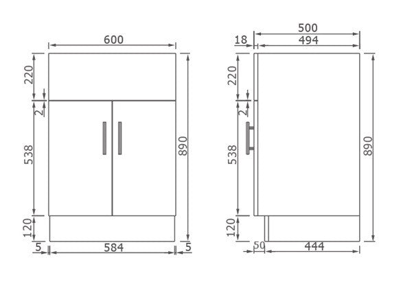 Laundry Unit 600W x 500D mm, 45L Stainless Steel L'tub in Gloss Cabinet