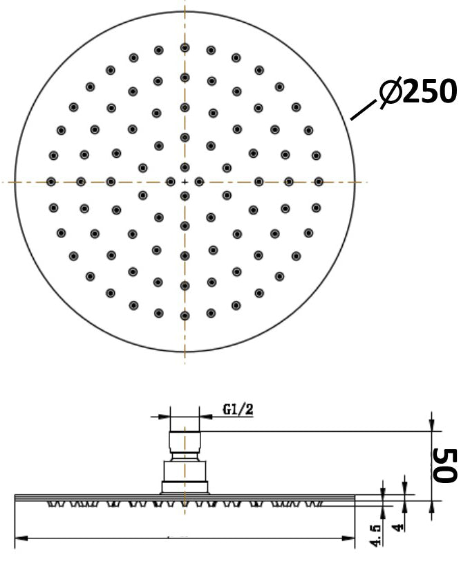 Shower Rose 250mm Round Stainless Steel