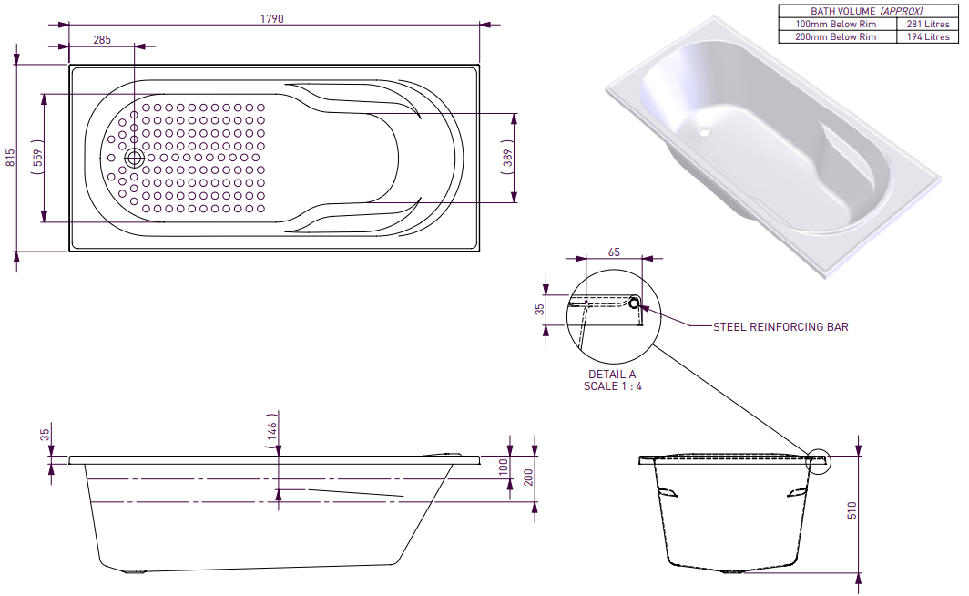 MODENA 1800 SPA or SHOWER BATH - Contour 12 Jets