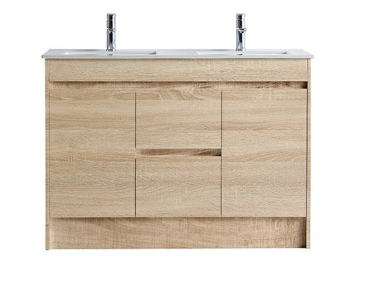 BRONTI 1200 OAK Vanity, Kickboard, Slimline DOUBLE Ceramic top