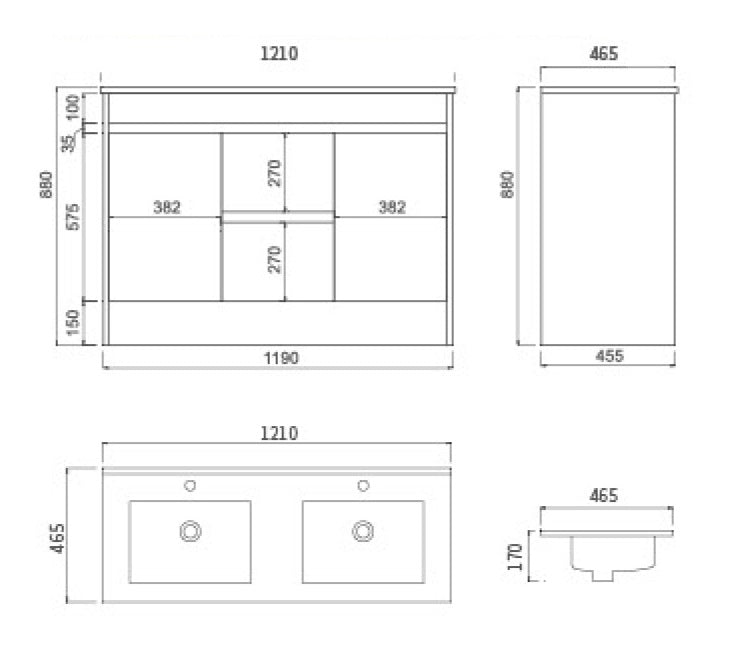 1200 OAK Vanity, Kickboard, Slimline DOUBLE Ceramic top