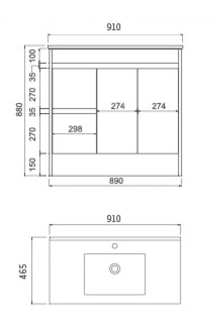 BRONTI 900 OAK Vanity, Kickboard, Slimline Ceramic top