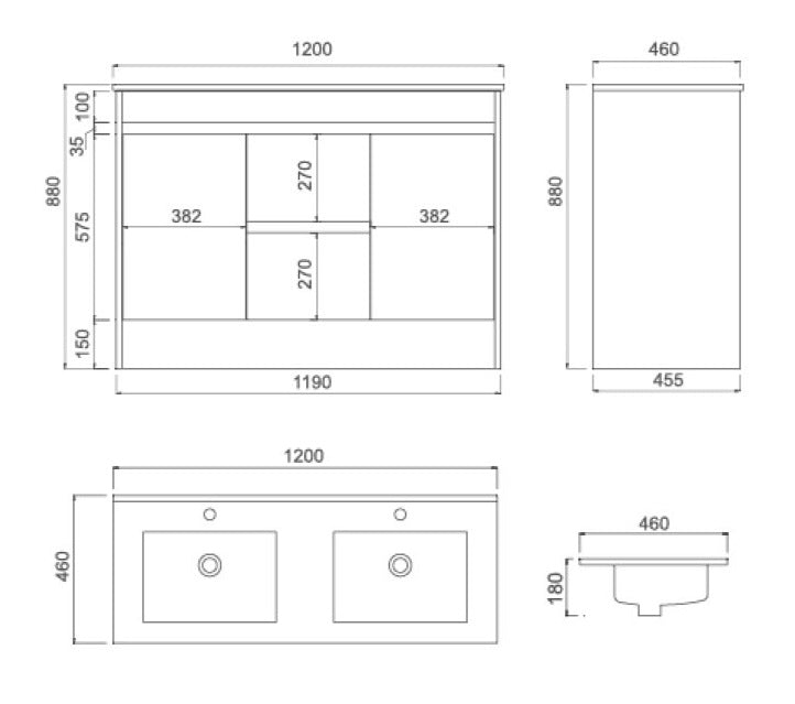 MODE 1200 PVC Waterproof Vanity, White Gloss, Slimline Double Ceramic top