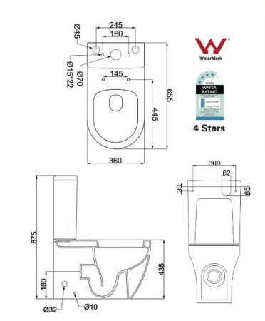 RIMLESS BACK TO WALL Rossi Toilet Suite S & P trap, Soft Close (Extra Height)