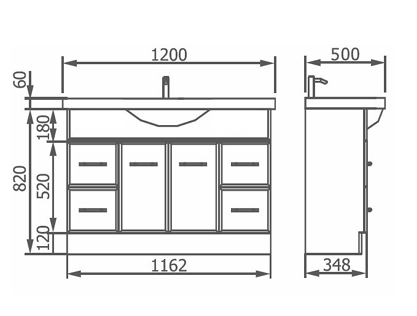 1200 Semi-Recessed Vanity, Moulded Ceramic Top, Kickboard