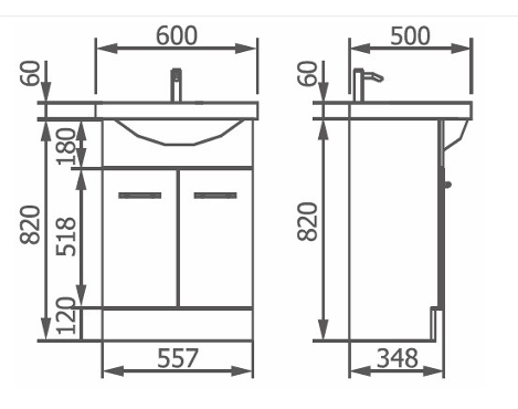 600 Semi-Recessed Vanity, Moulded Ceramic top, Kickboard