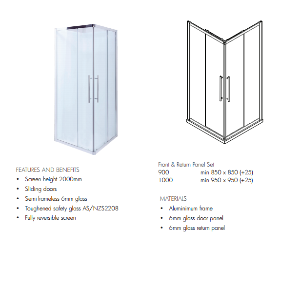Framed CORNER SLIDER 900 x 900 x 2000H mm Square