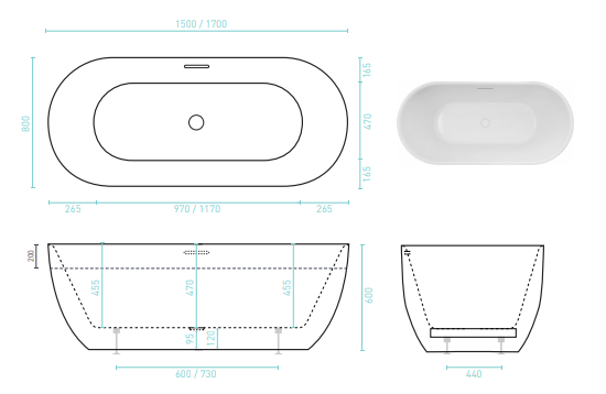 VALENTINA GLOSS or MATTE WHITE Freestanding Bath 1500 & 1700 (Integrated over-flow)