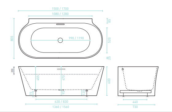 AURORA 1700 Back-to-Wall Freestanding Bath - MATTE WHITE