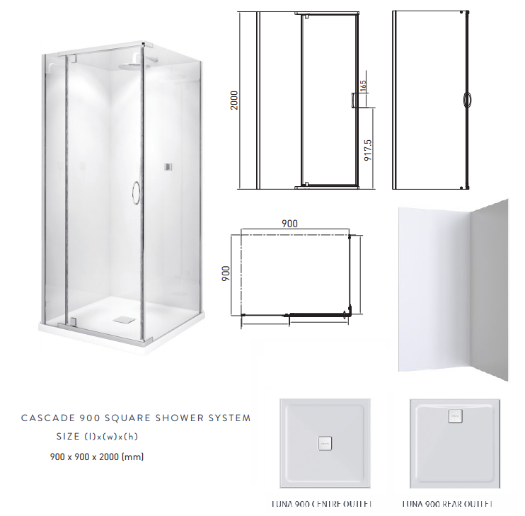 CASCADE Semi-Frameless Shower System SQ 900 x 900 x 2000H mm