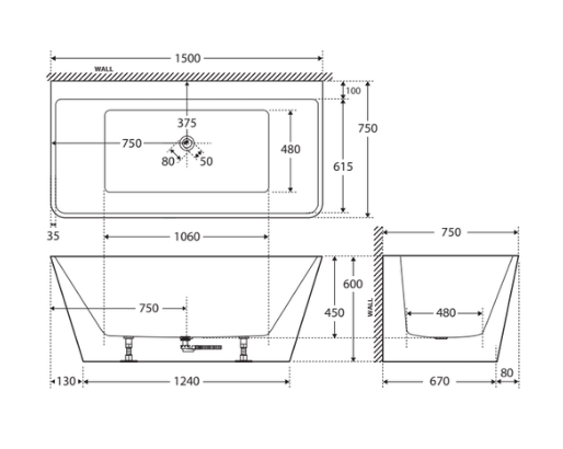 DELTA 1500 Back-to-Wall Slimline Freestanding Bath