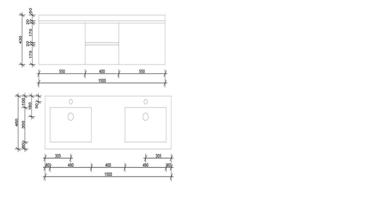 CLARA 1500 WALL HUNG Vanity, Double Bowl, White Cast Marble Top