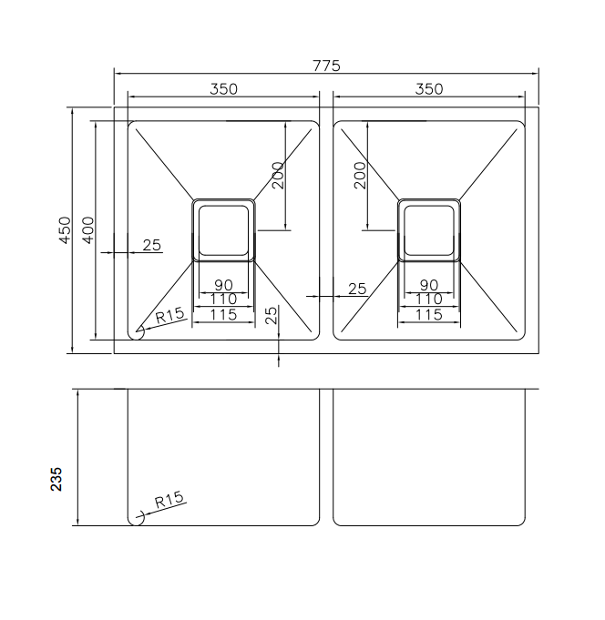 Double Bowl 775 Under/Over/Flush Mount Stainless Steel Sink