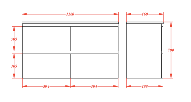 RIVA 1200 ALL DRAWER WALL HUNG Vanity, Single Ceramic Top