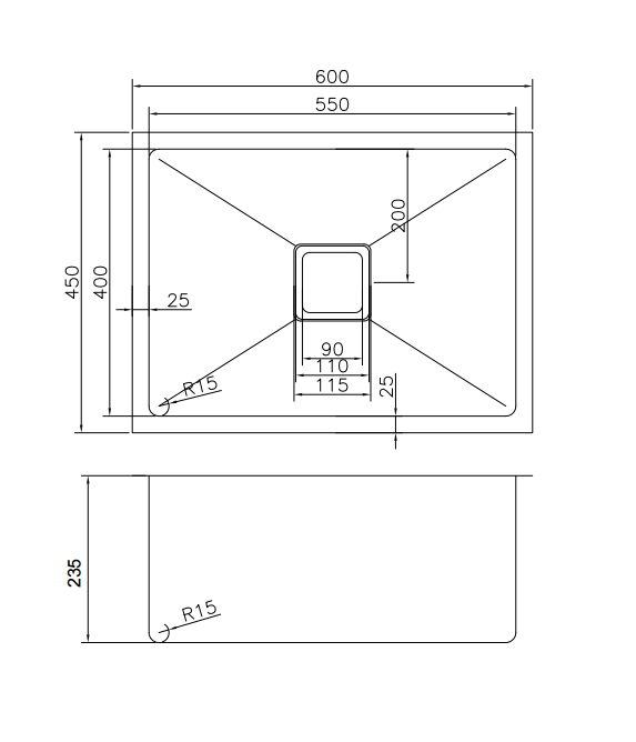 Single Bowl Rectangluar 600 x 250 Deep mm SS 1.2mm Sink