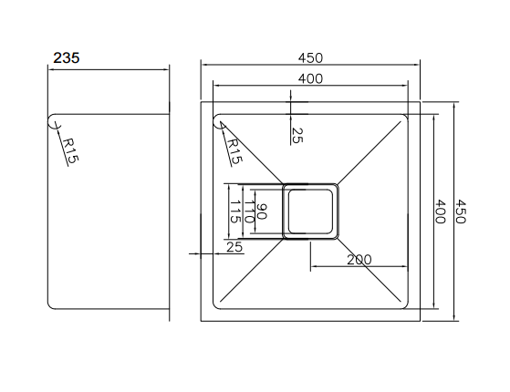 Single Bowl Square 450mm Under/Over/Flush Mount Stainless Steel Sink
