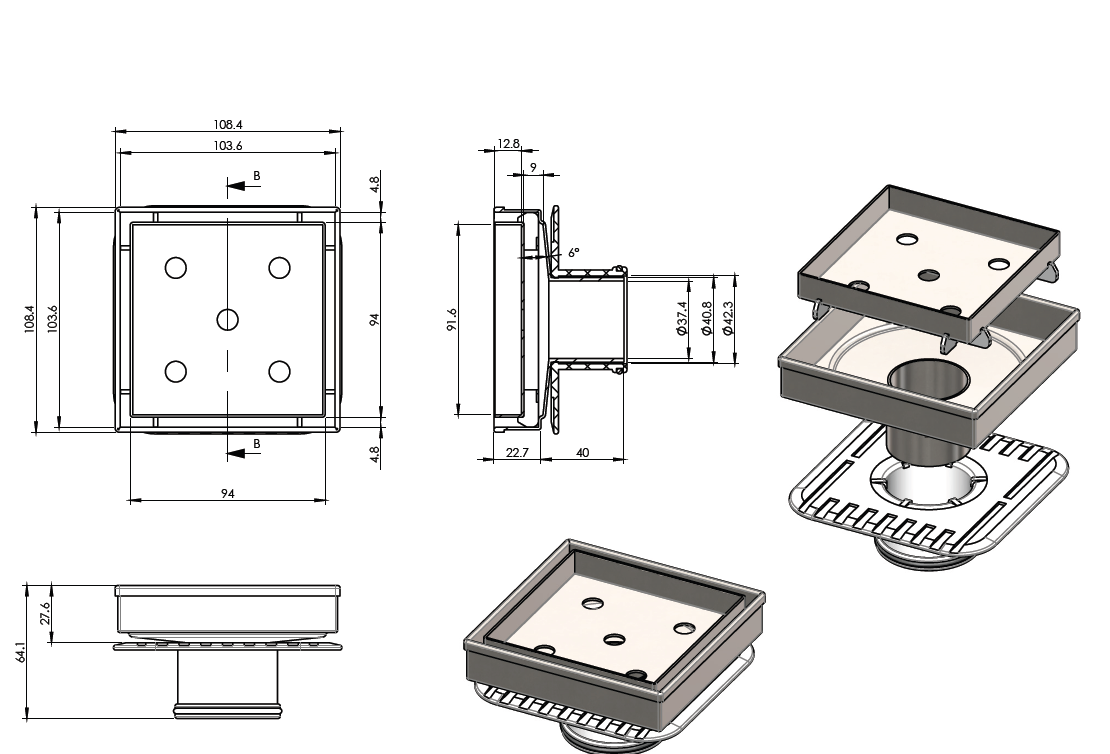 Grate Bermuda TILE INSERT LOWLINE 50/80/100mm Square with Mega Flange