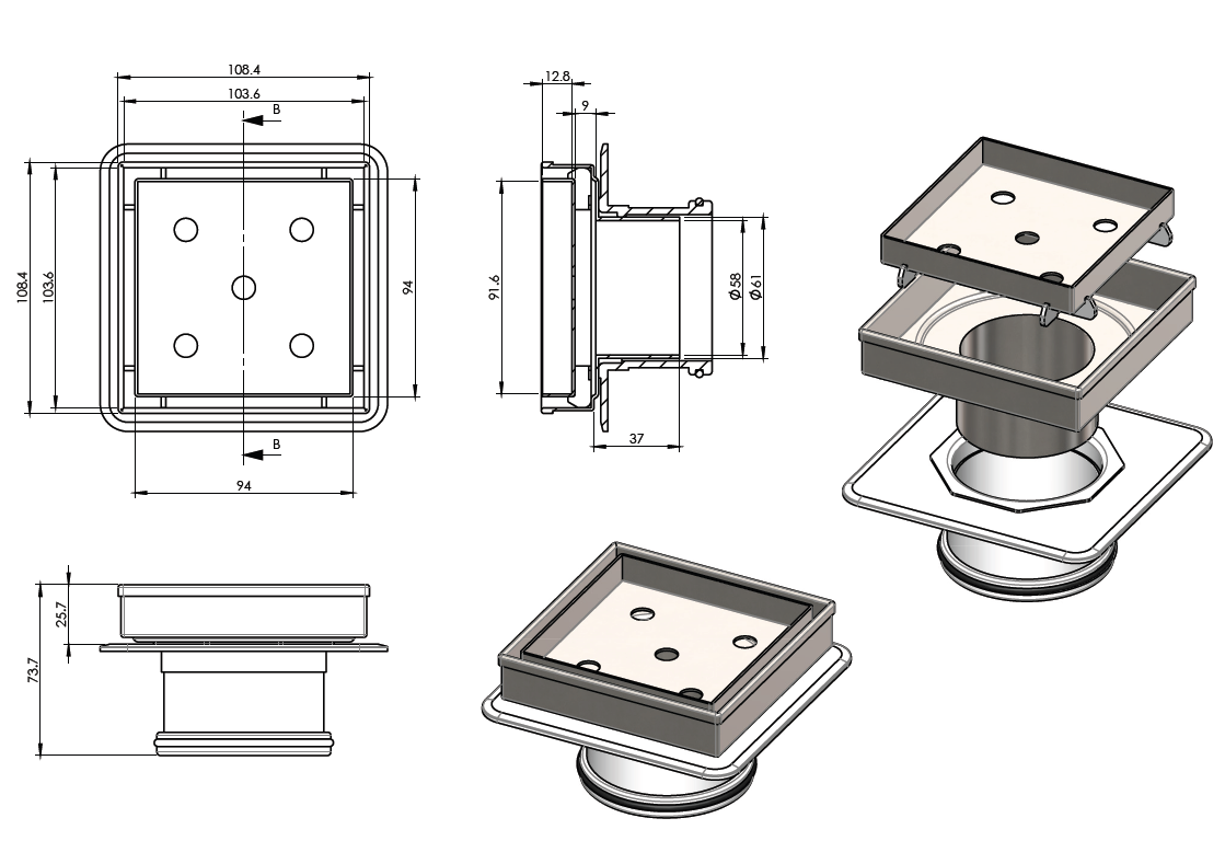 Grate Bermuda TILE INSERT LOWLINE 50/80/100mm Square with Mega Flange