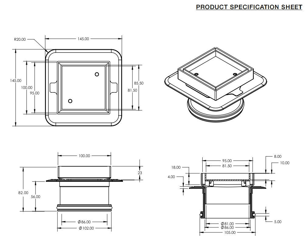 Grate Bermuda TILE INSERT LOWLINE 50/80/100mm Square with Mega Flange