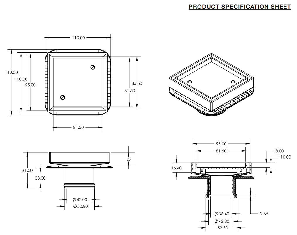 Grate Bermuda TILE INSERT LOWLINE 50/80/100mm Square with Mega Flange