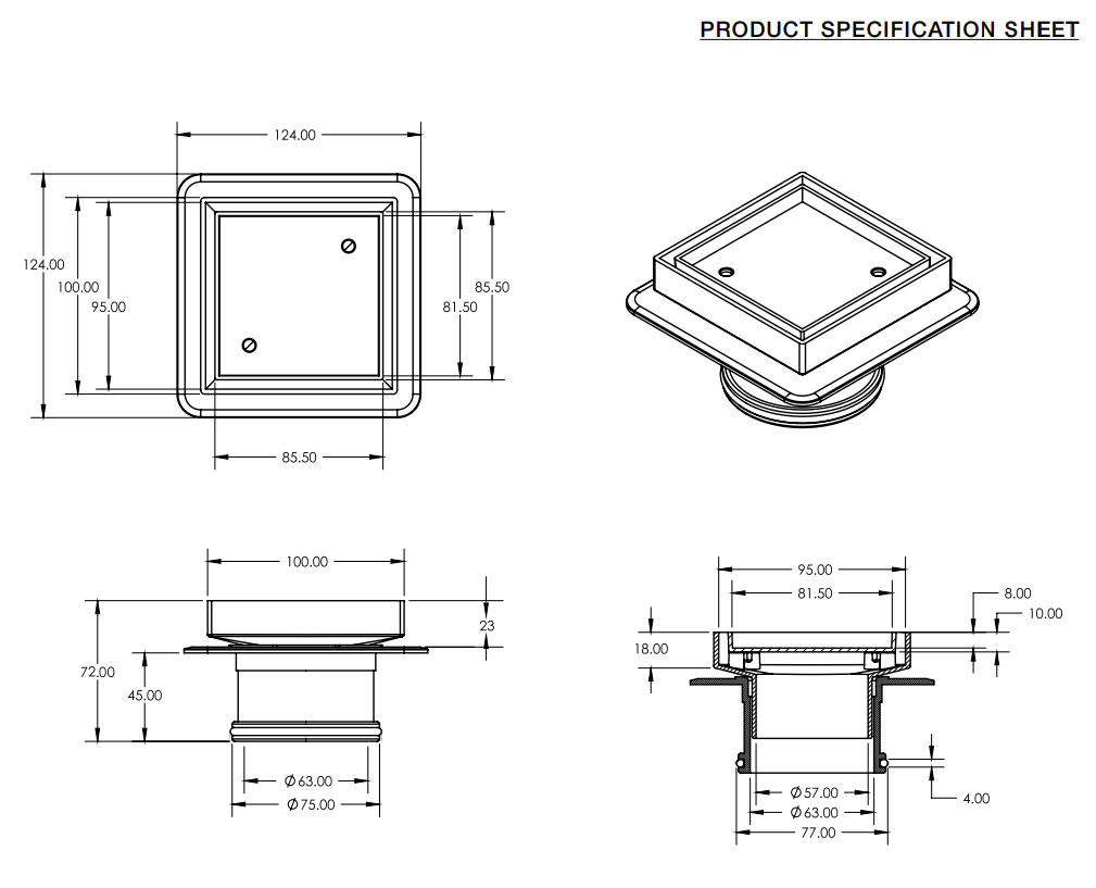 Grate Bermuda TILE INSERT LOWLINE 50/80/100mm Square with Mega Flange