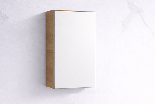 BRONTI 600mm OAK, PENCIL EDGE, GLASS SHELVES Mirror Shaving Cabinet, Soft Close