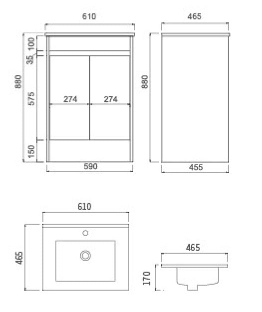 BRONTI 600 OAK Vanity, Kickboard, Slimline Ceramic top