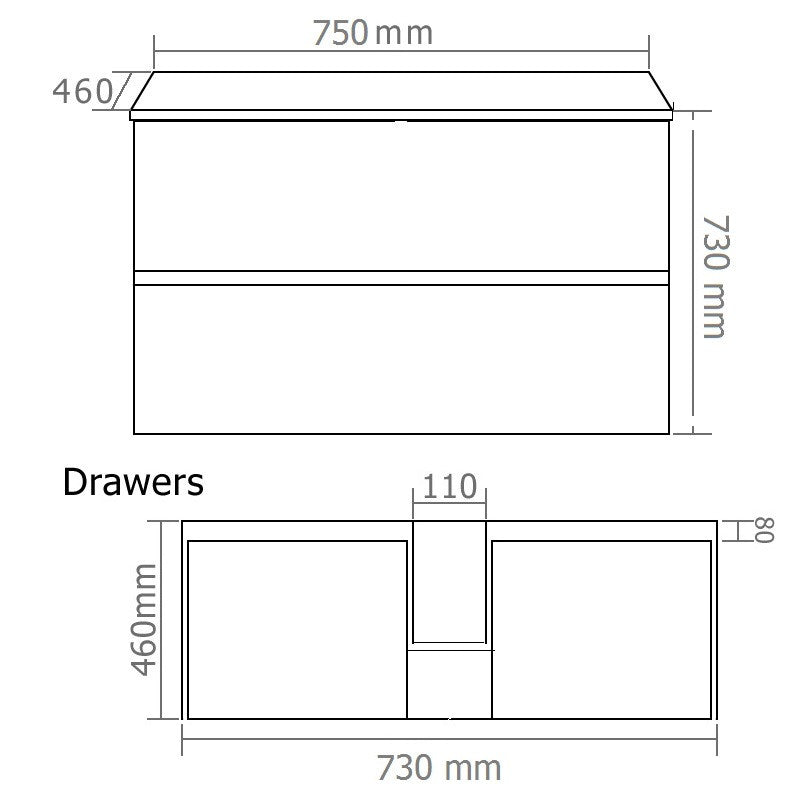 750 ALL DRAWER Vanity, Wall hung, Single Ceramic Top