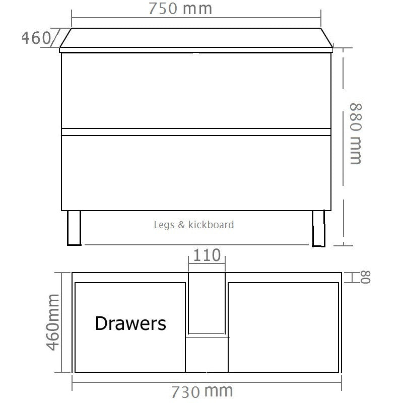 750 ALL DRAWER Vanity, Legs/ Kickboard, Slimline Ceramic Top