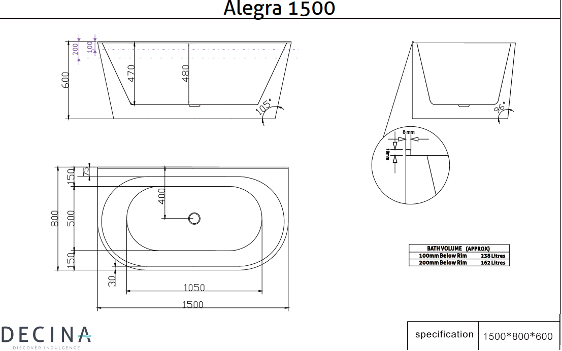 ALEGRA 1500 Back-to-Wall Freestanding Bath - WHITE